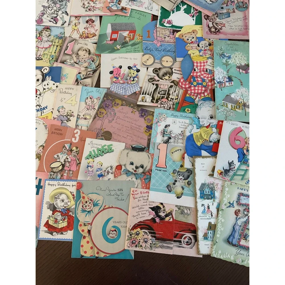 Vintage Birthday Cards Lot Mid Century Childrens Ephemera Animals Ages 1-7 60+pc